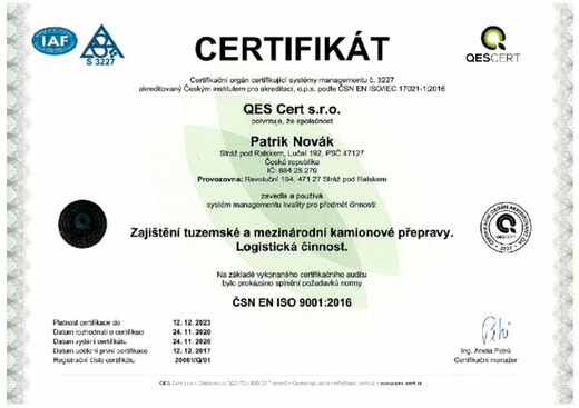 Certifikát ISO 9001:2016 česky